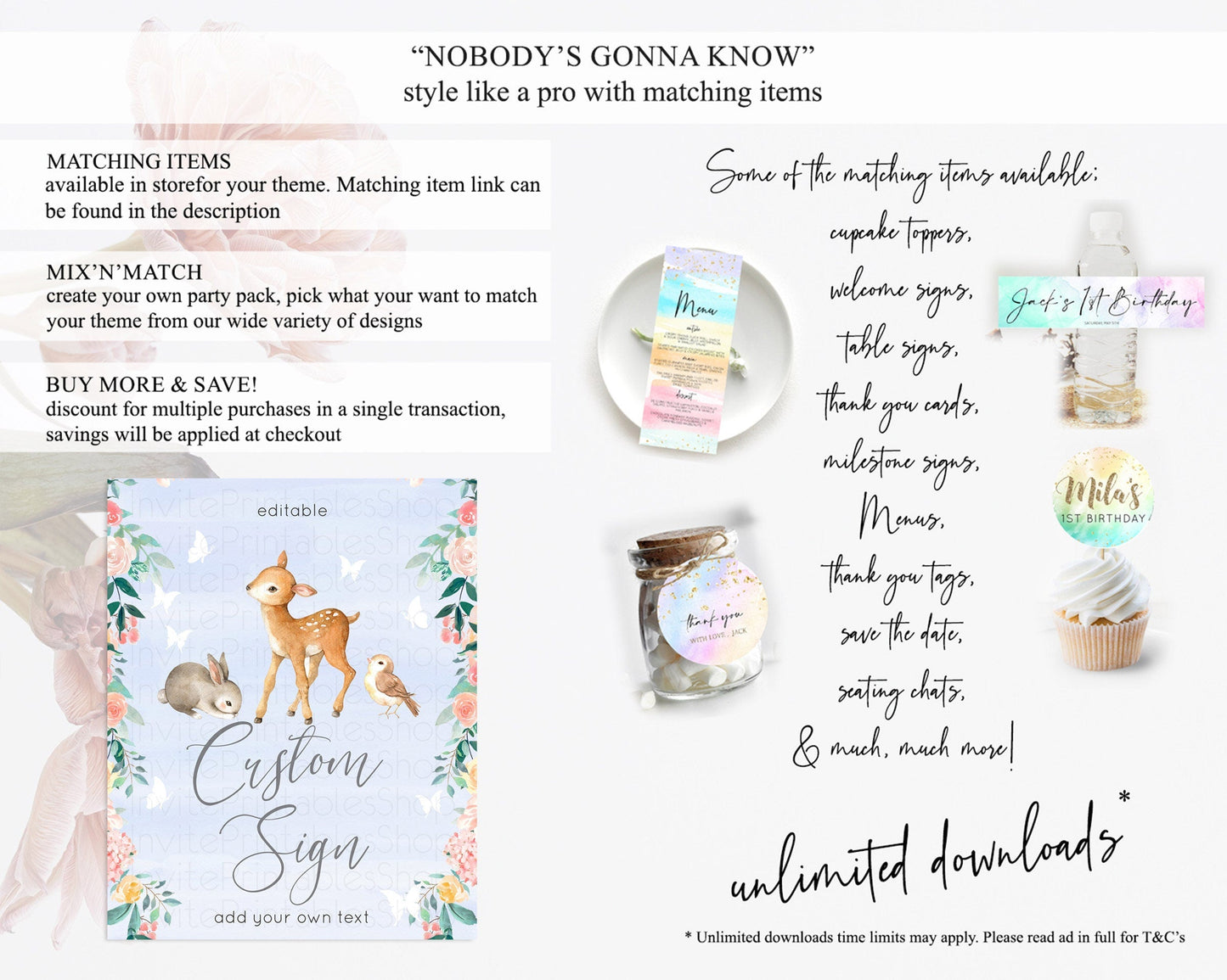 Fawn Deer Sign Pastel Floral Deer Table Sign Decor Enchanted Forest Butterfly Party 1st Birthday Baptism Baby Shower Bridal Shower D10920