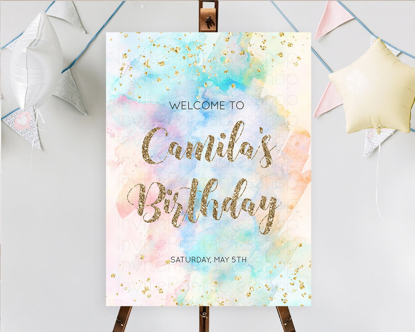 Pastel Welcome Sign Pastel Rainbow Welcome Sign Colorful Rainbow Confetti Watercolor Glitter Pastel First Birthday Welcome Sign D10261