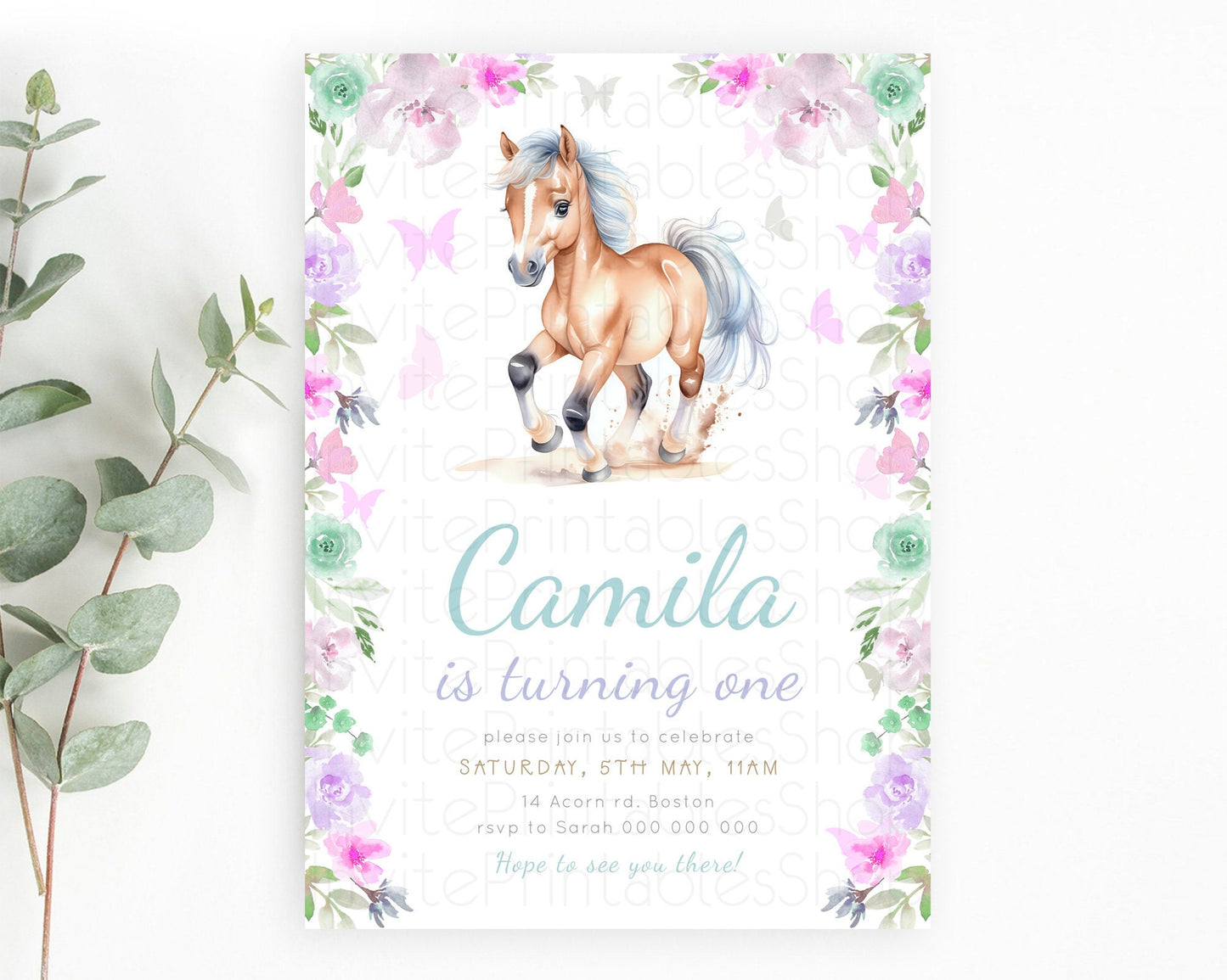 Horse Birthday Invitation, Galloping Wildflower Fields, Pastel Flowers, Butterflies, Flowers Accents for Equestrian & Cowgirls d23382