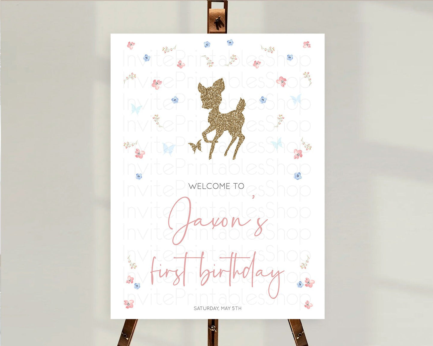 Fawn Welcome Sign Deer Welcome Board Floral Deer Welcome Poster Enchanted Forest Butterfly Pastel Floral First Birthday Welcome Sign D10359