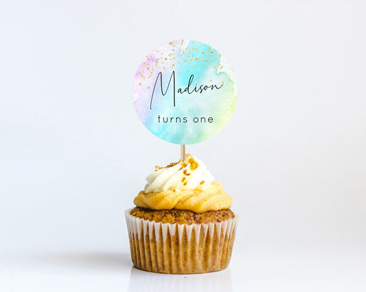 Editable Rainbow Cupcake Toppers Pastel Cupcake Toppers Colorful Pastel Wate