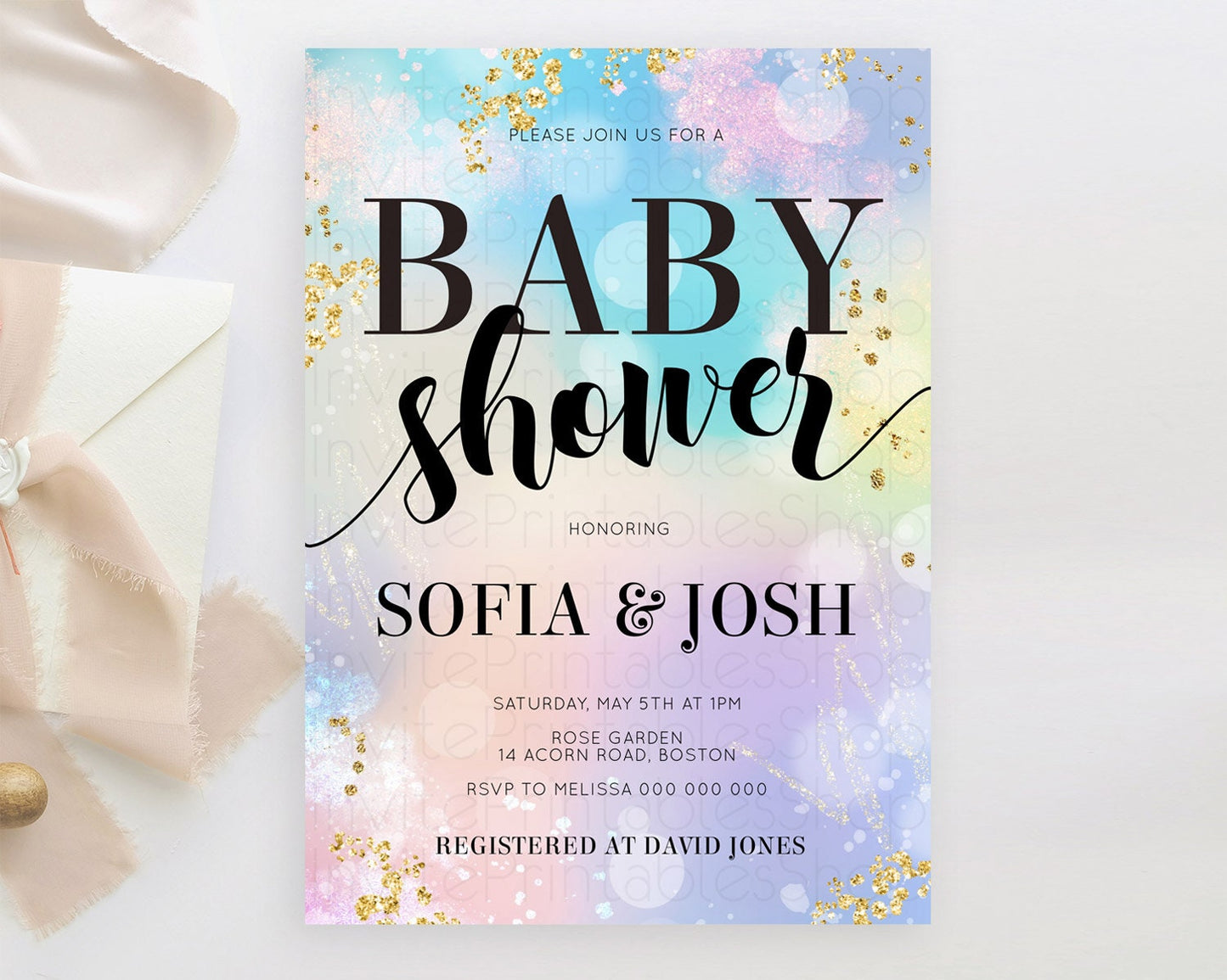 Pastel Baby Shower Invitation Rainbow Baby Shower Invitation Colorful Pastel Watercolor Invitation Gold Glitter Sprinkles Ombre D10677