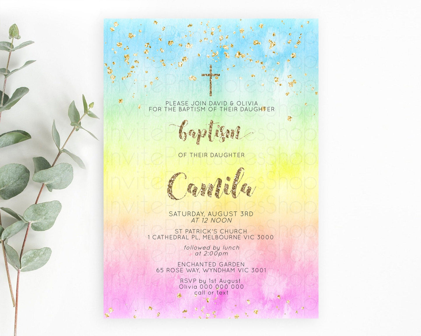Pastel Baptism Invitation Pastel Colors Watercolor Baptism 1st Birthday Party Gold Ombre Pastel Rainbow Christening Holy Communion D10479