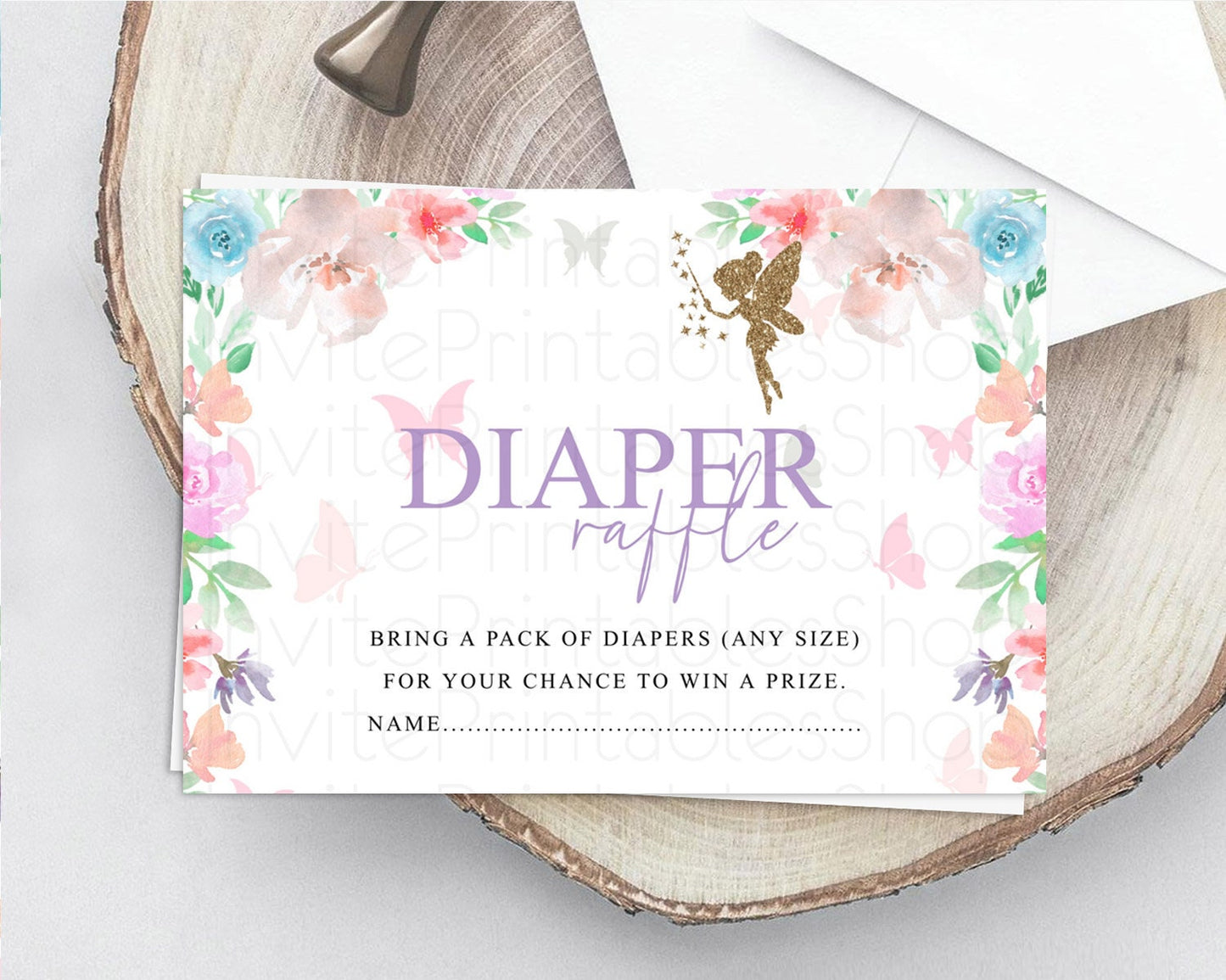Fairy Diaper Raffle Card Fairy Diaper Insert Enchanted Garden Fairy Diaper Ticket Pastel Floral Butterfly Secret Garden Raffle Game D10126