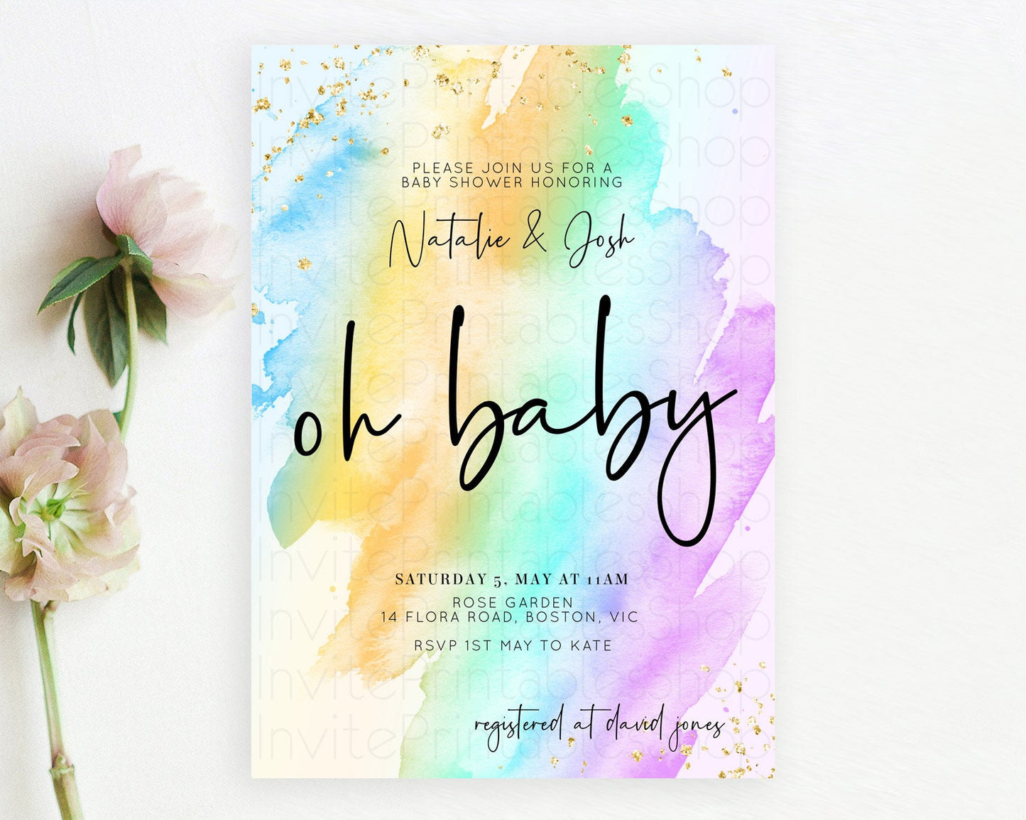 Pastel Baby Shower Invitation Rainbow Baby Shower Invitation Colorful Pastel Watercolor Invitation Gold Glitter Sprinkles Ombre D10427