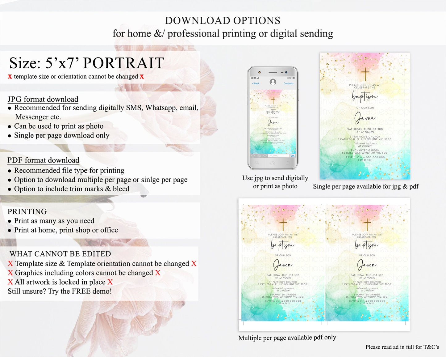 Pastel Baptism Invitation Pastel Colors Watercolor Baptism 1st Birthday Party Gold Ombre Pastel Rainbow Christening Holy Communion D10151