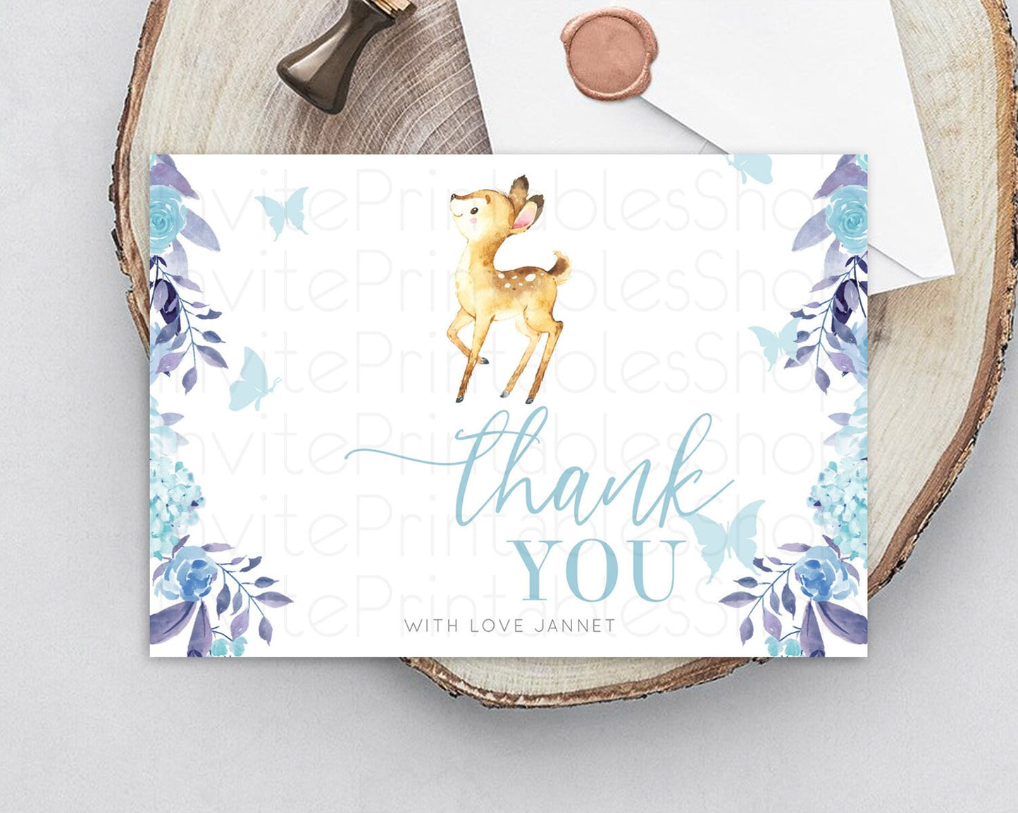 Fawn Thank You Deer Thank You Card Pastel Floral Deer Birthday Thank You Card Enchanted Forest Butterfly Deer Teacher Thank You Card D10917