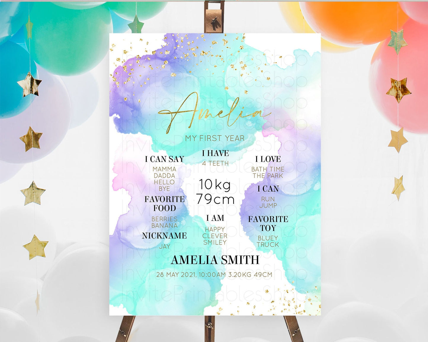 Pastel First Birthday Milestone Board Pastel Rainbow Milestone Poster Colorful Confetti Watercolor Glitter 1st Birthday Welcome Sign D10212