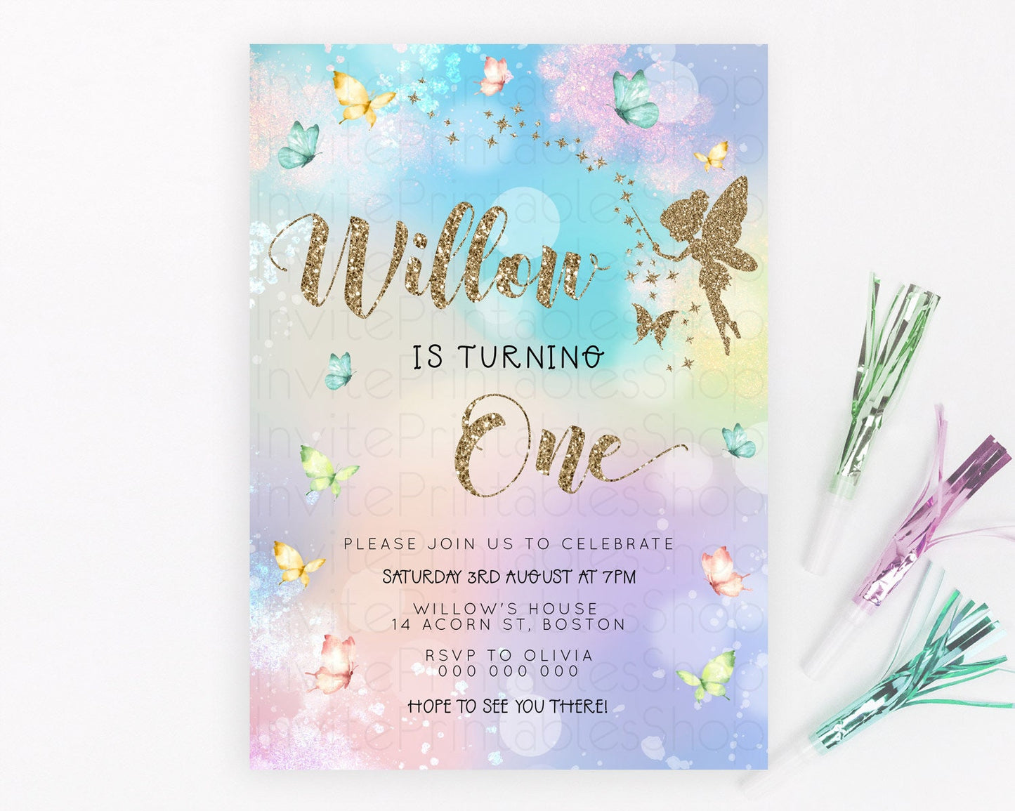 Pastel Fairy Birthday Invitation Pastel Butterflies Fairy Birthday Invitation Rainbow Ombre Watercolor 1st 2nd Birthday Invitation D23165