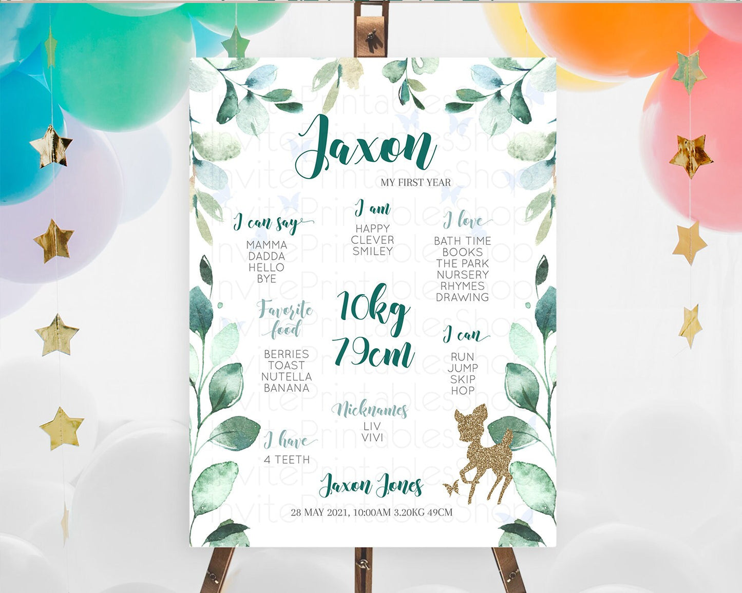 Fawn First Birthday Milestone Board Deer First Birthday Milestone Poster Enchanted Forest Butterfly Pastel Flowers 1st Birthday Sign D10882