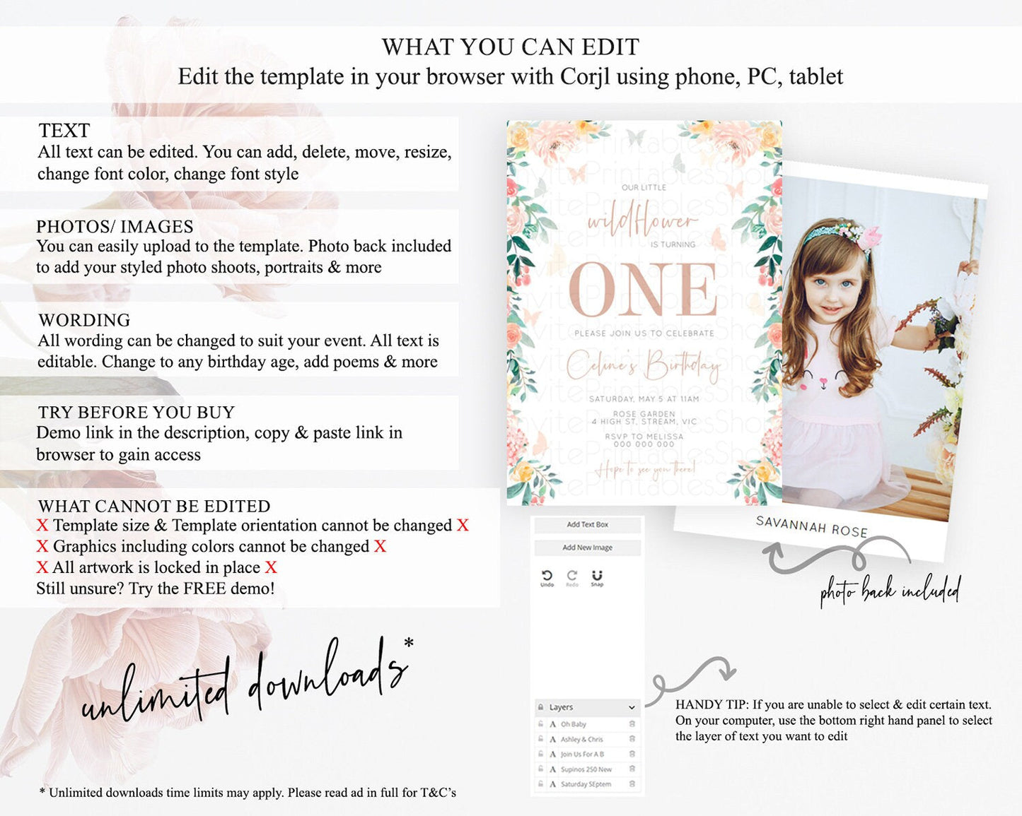 Secret Garden Invitation Wildflower Birthday Invitation Pastel Flowers Invite Enchanted Garden Boho Floral 3rd 2nd First Birthday D10706