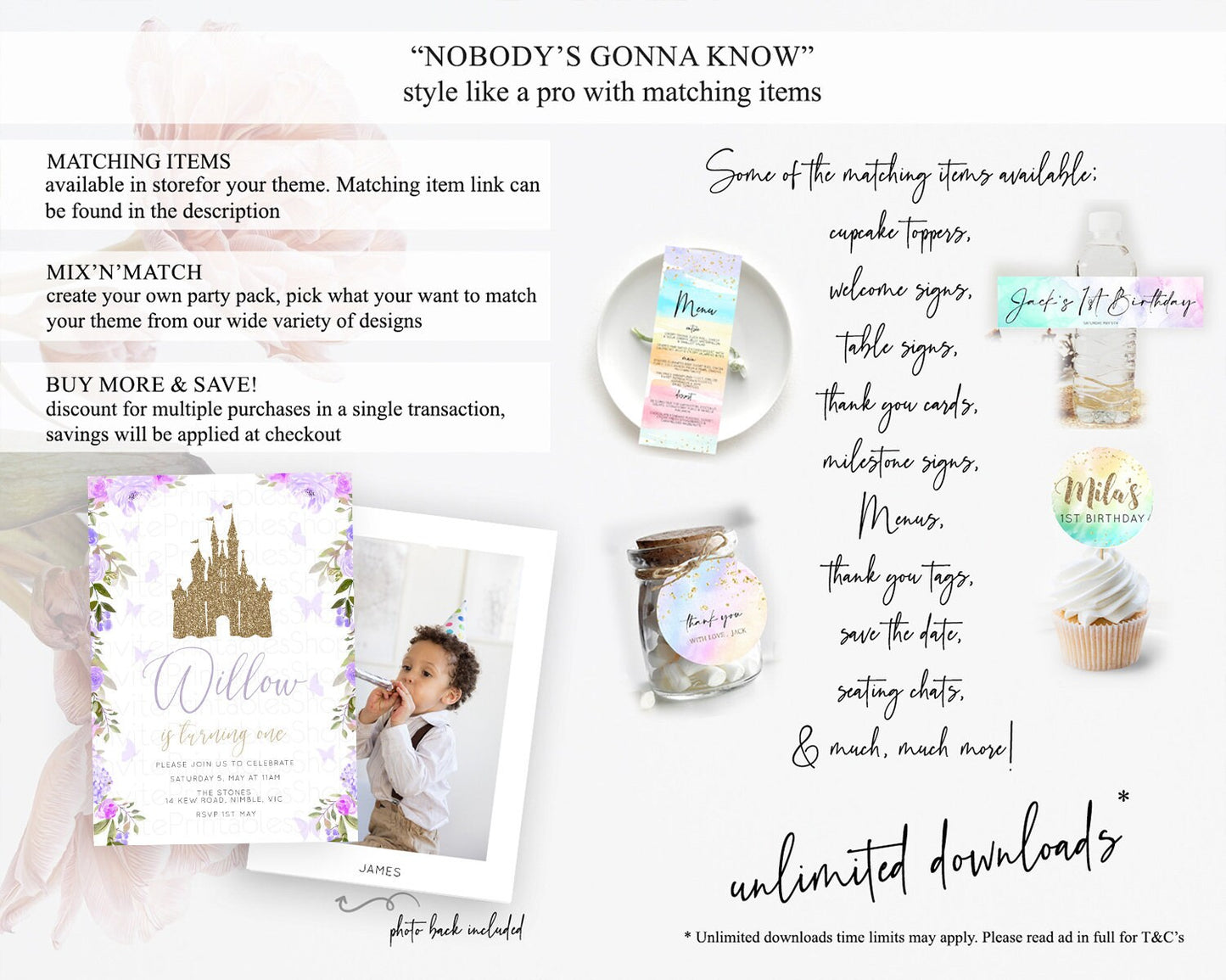 Princess Birthday Invitation Castle Invitation Royal Birthday Fairy Tale Enchanted Castle Pastel Floral Garden 1st First Birthday D10933