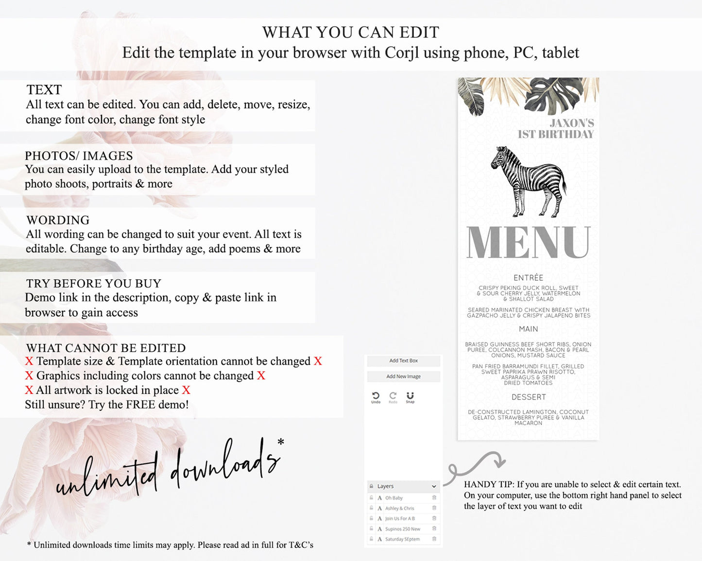 Zebra Menu Zebra Menu Template Zebra Party Table Decor Safari Adventure Decor Zebra Dinner Dessert Menu Party Food Menu D10824