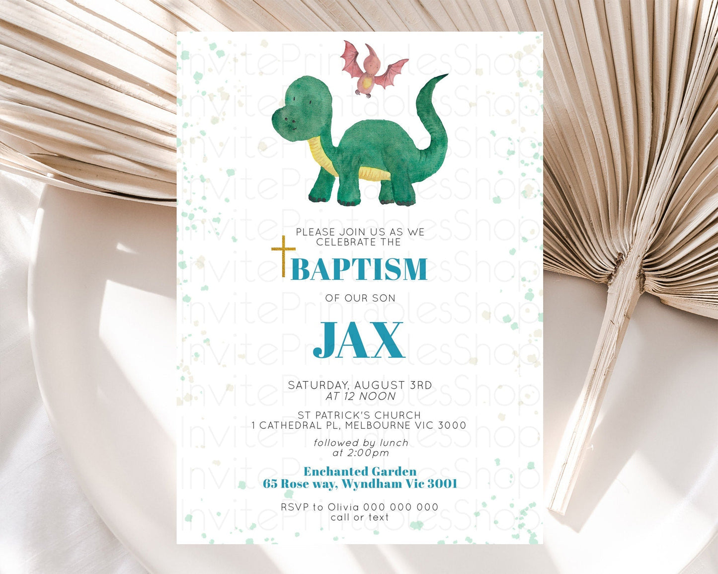 Dinosaur Baptism Invitation Dinosaur Volcano Baptism 1st Birthday Invitation Watercolor T-Rex Raptor Jurassic Christening Invitation D10153