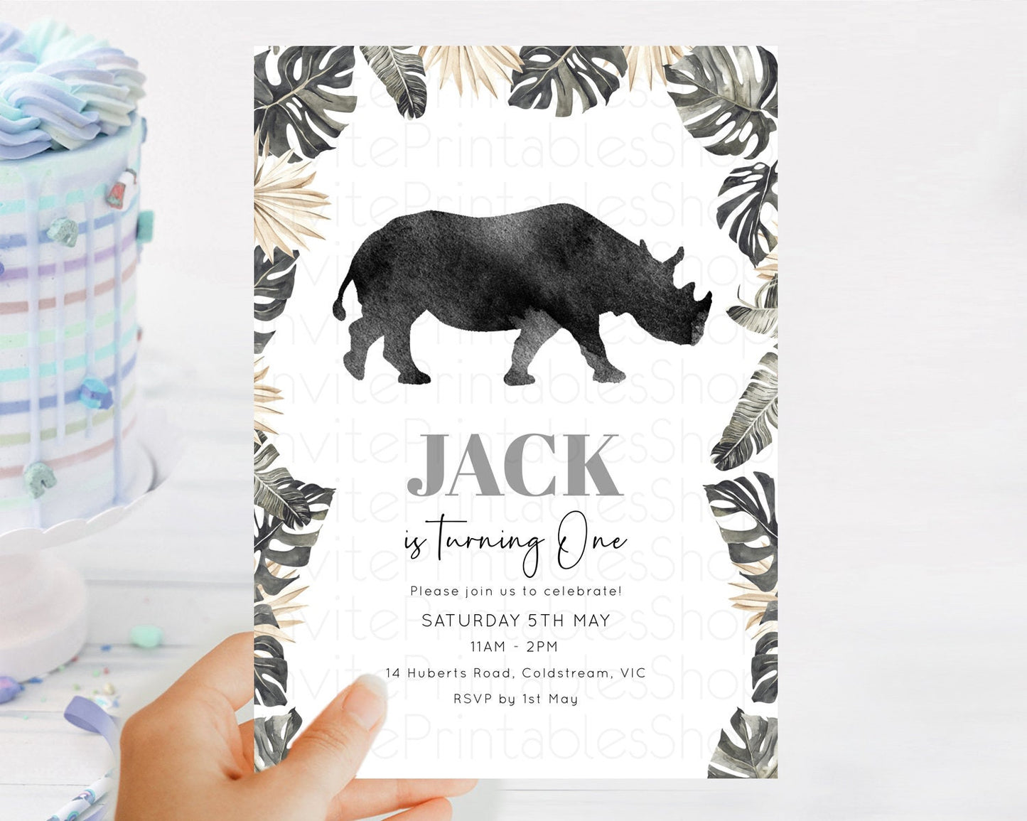 Rhino Birthday Invitation Rhino Invitation Rhino Birthday Rhino Safari Adventure Invite Rhino Palm Leaf Invite Zoo Party D10805