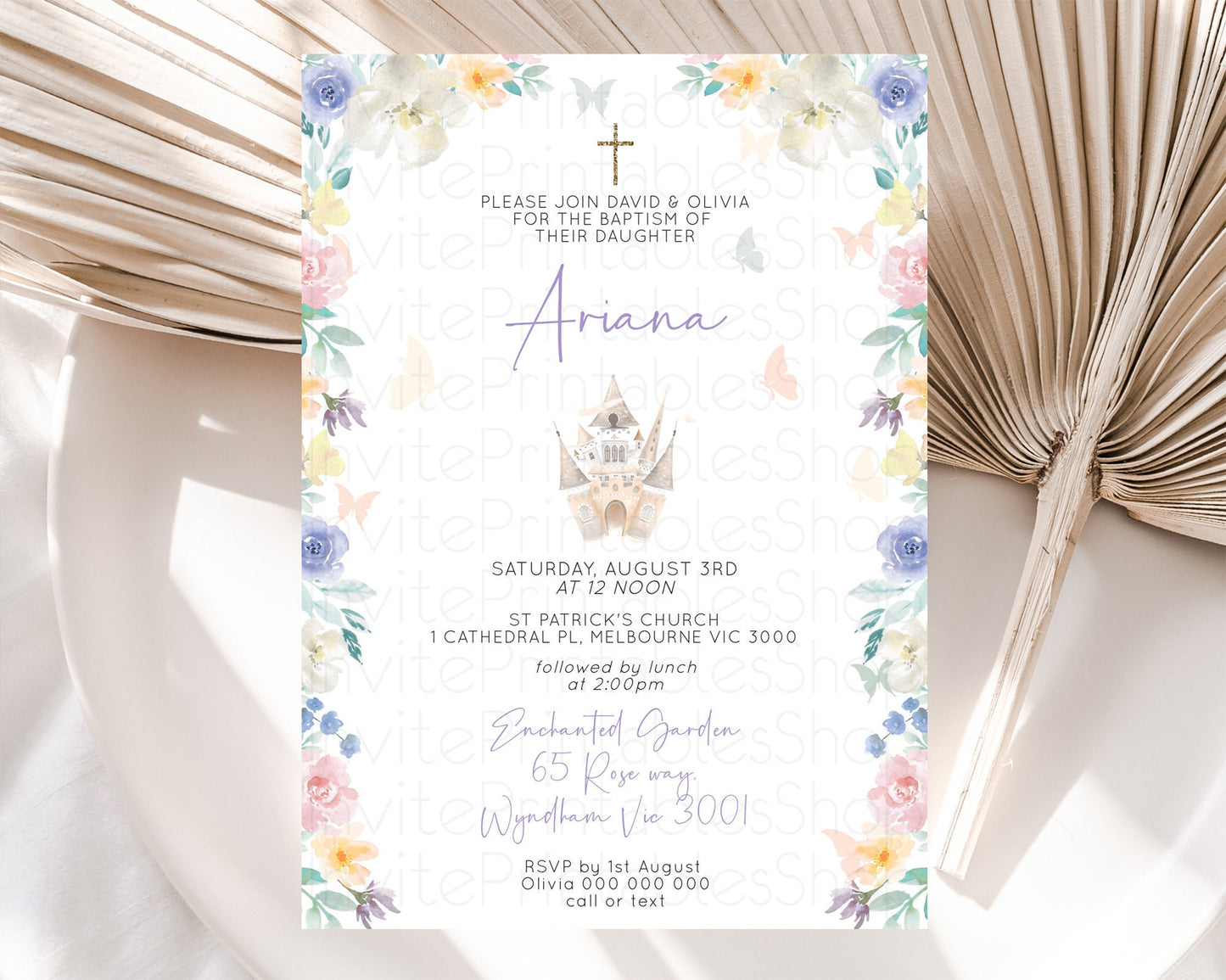 Princess Baptism Invitation Enchanted Castle Baptism 1st Birthday Invitation Royal Party Pastel Floral Secret Garden Christening D10709