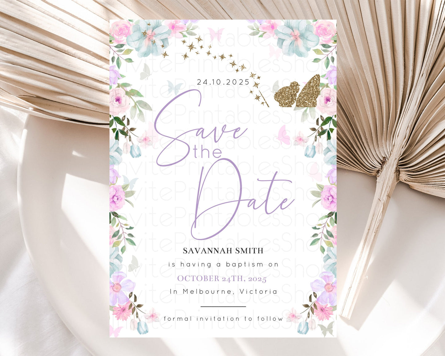 Editable Fairy Save The Date Template Enchanted Garden Pastel Floral Butterf