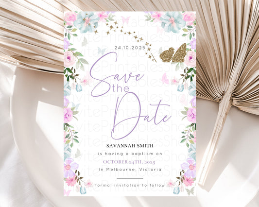 Editable Fairy Save The Date Template Enchanted Garden Pastel Floral Butterf