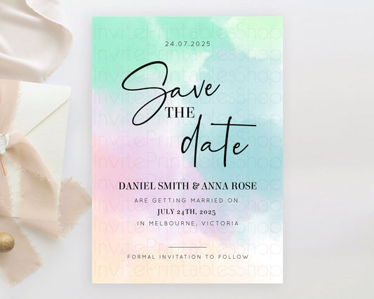 Editable Pastel Save The Date Template Pastel Ombre Rainbow Watercolor Color