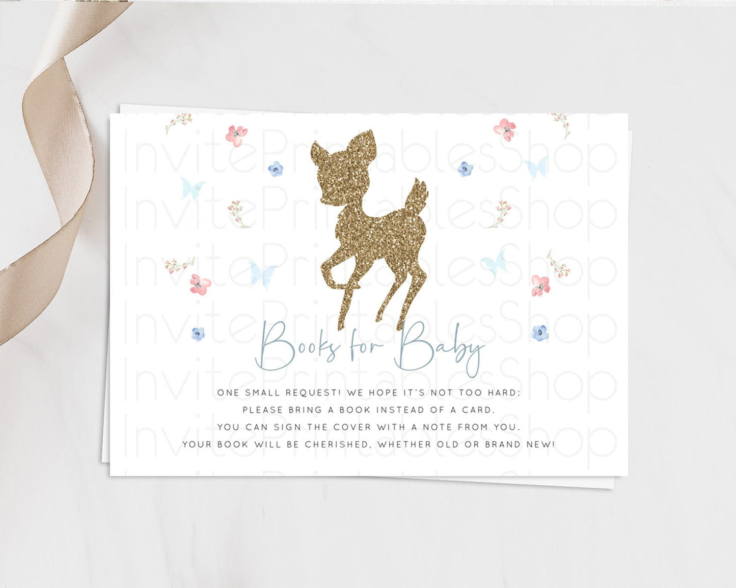 Fawn Books For Baby Card Deer Book Insert Floral Deer Book Card Enchanted Forest Butterfly Pastel Baby Shower Book Poem Request D10359