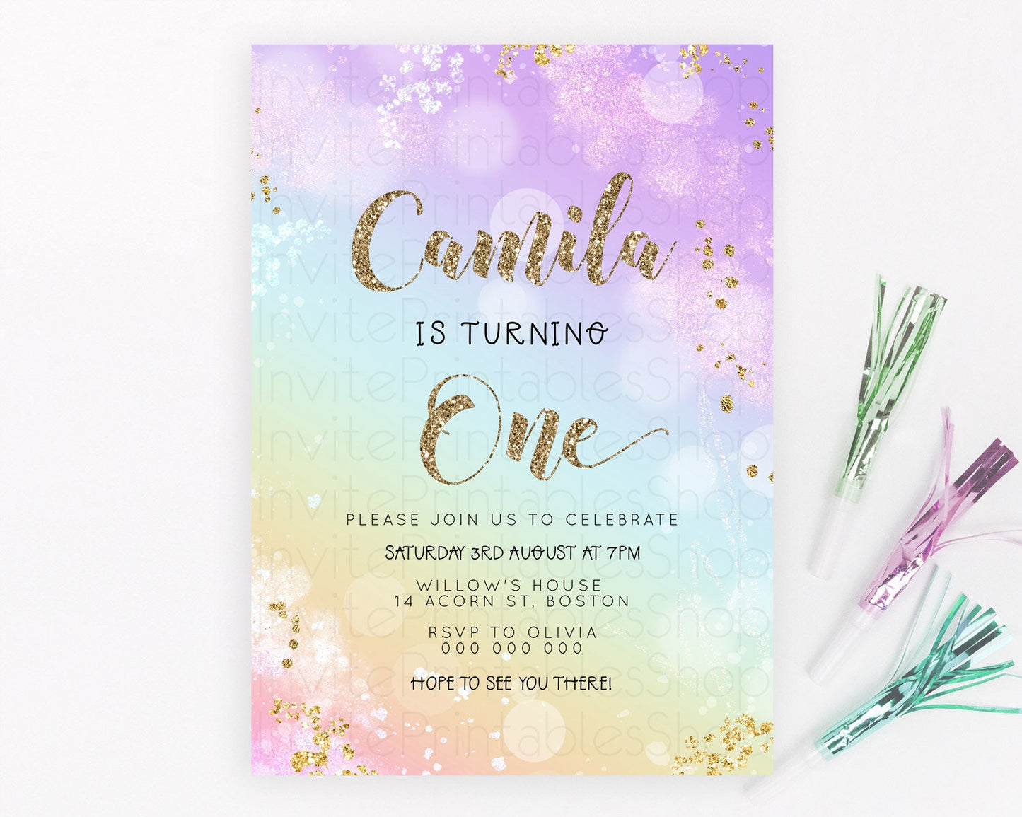 Rainbow Birthday Invitation Colorful Pastel Watercolor Invitation Gold Glitter Sprinkles Ombre Pastel 1st 2nd 3rd Birthday D23125