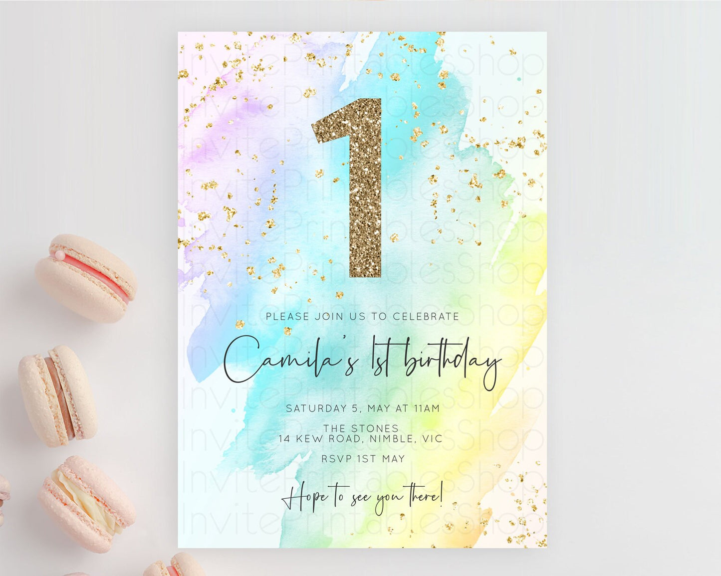 Rainbow Birthday Invitation Colorful Pastel Watercolor Invitation Gold Glitter Sprinkles Ombre Pastel 1st 2nd 3rd Birthday D10171