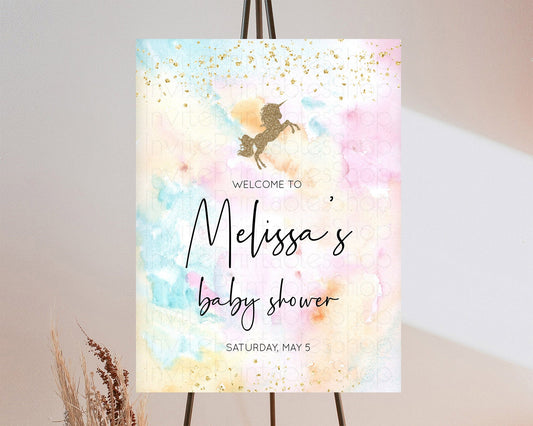 Unicorn Rainbow Baby Shower Welcome Board Pastel Unicorn Welcome Sign Magical Ombre Colorful Watercolor Unicorn Welcome Sign D10548