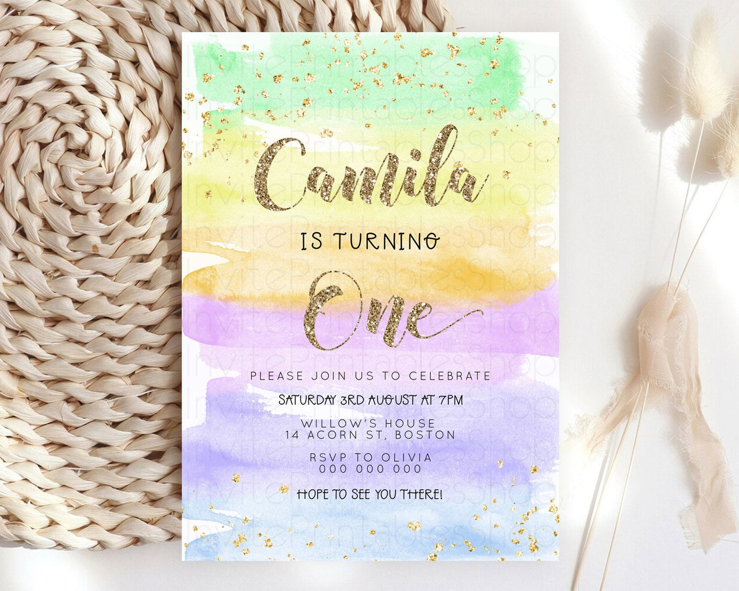 Rainbow Birthday Invitation Colorful Pastel Watercolor Invitation Gold Glitter Sprinkles Ombre Pastel 1st 2nd 3rd Birthday D23275