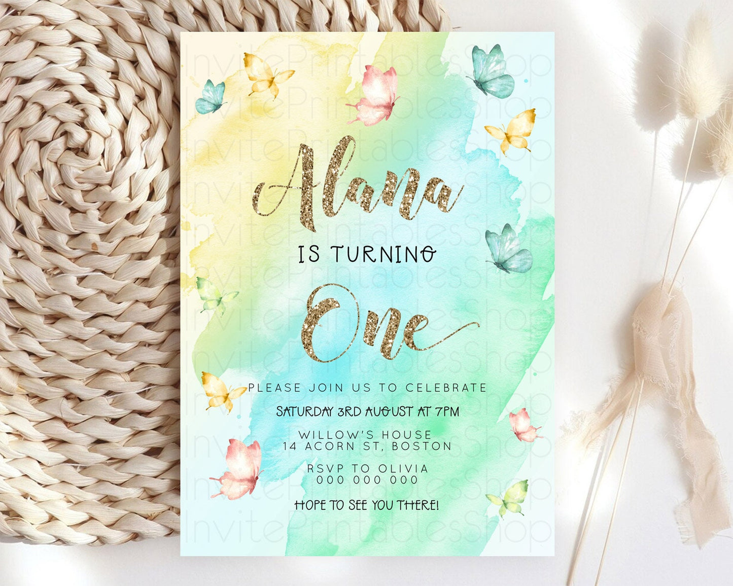 Pastel Butterfly Birthday Invitation Butterfly Birthday Invitation Colorful Splash Glitter Butterfly Garden 1st 2nd Birthday D23242