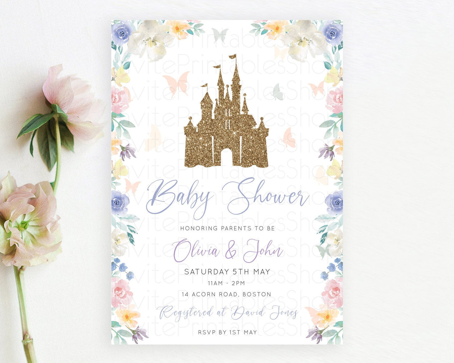 Pastel Princess Baby Shower Invitation Floral Castle Invitation Royal Baby Invite Enchanted Castle Pastel Flower Garden Baby Shower D10931