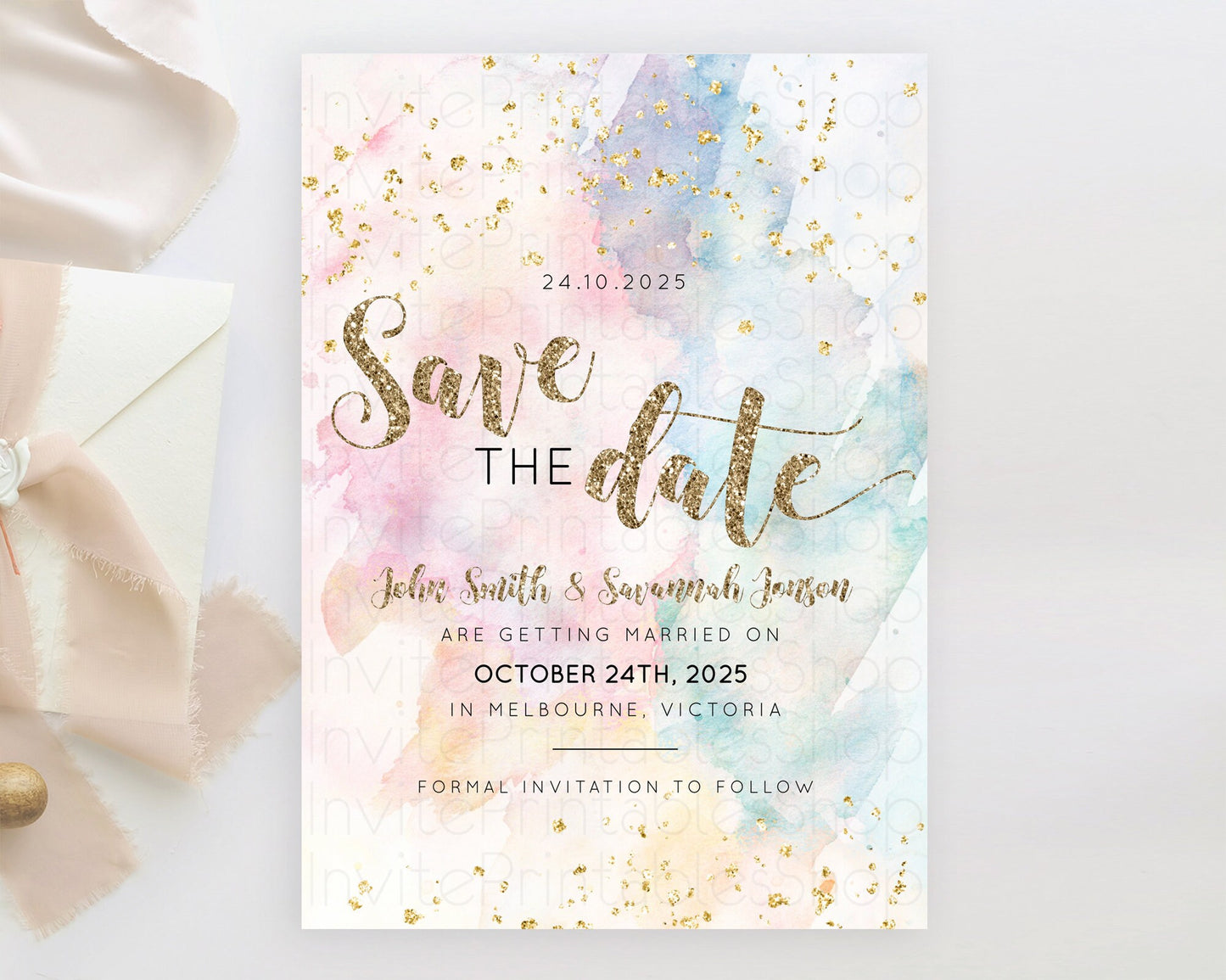 Editable Pastel Save The Date Template Pastel Ombre Rainbow Watercolor Color