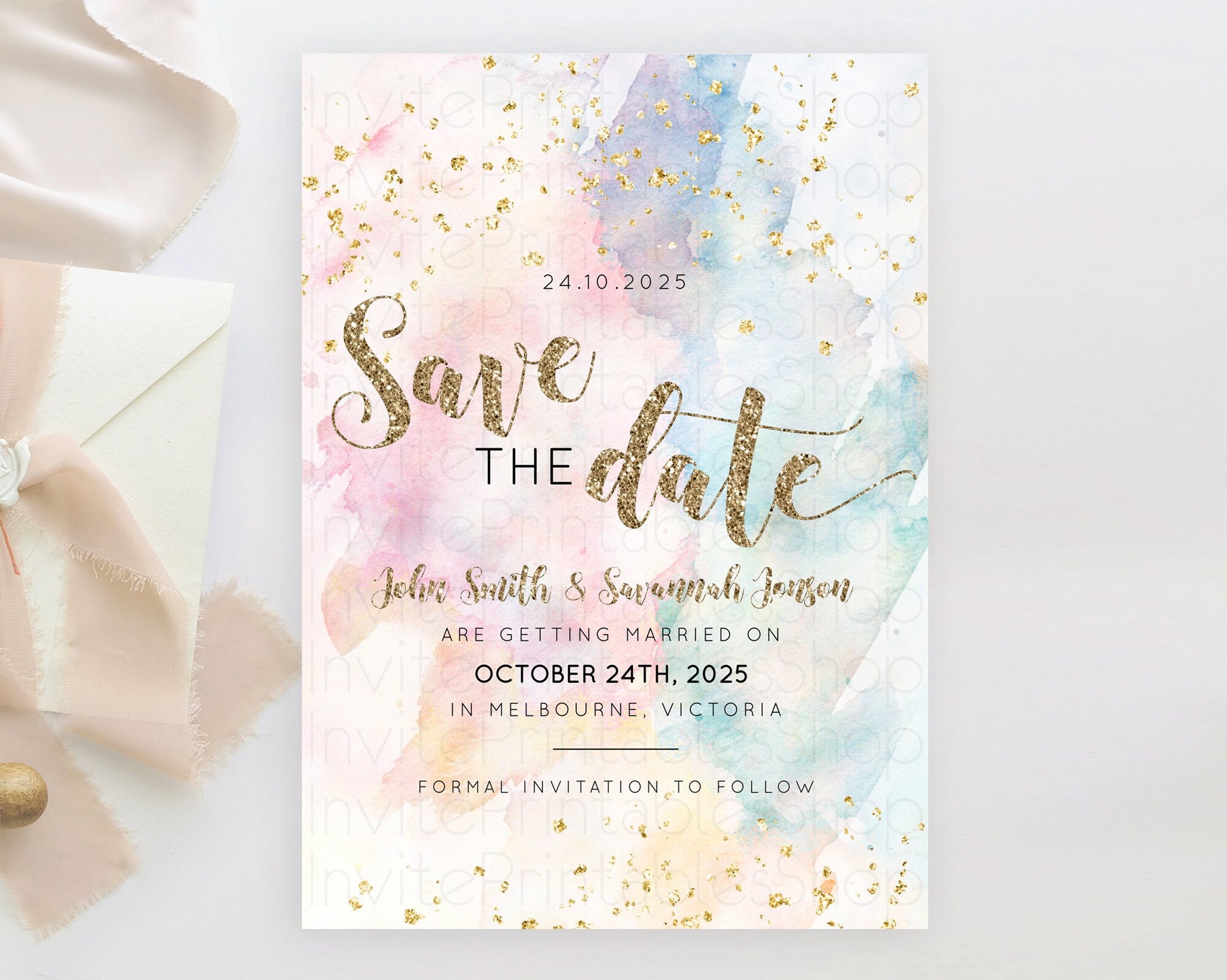 Editable Pastel Save The Date Template Pastel Ombre Rainbow Watercolor Color