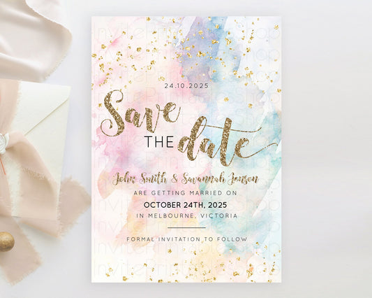 Editable Pastel Save The Date Template Pastel Ombre Rainbow Watercolor Color