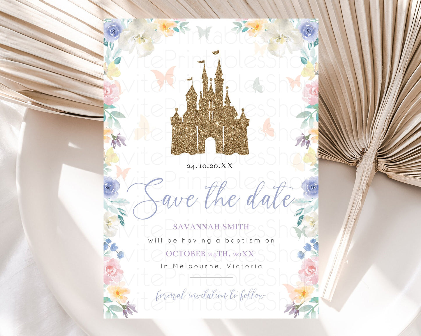 Princess Save The Date Template Secret Garden Enchanted Castle Pastel Floral Royal Party For 1st Birthday Baptism Baby Shower D10931