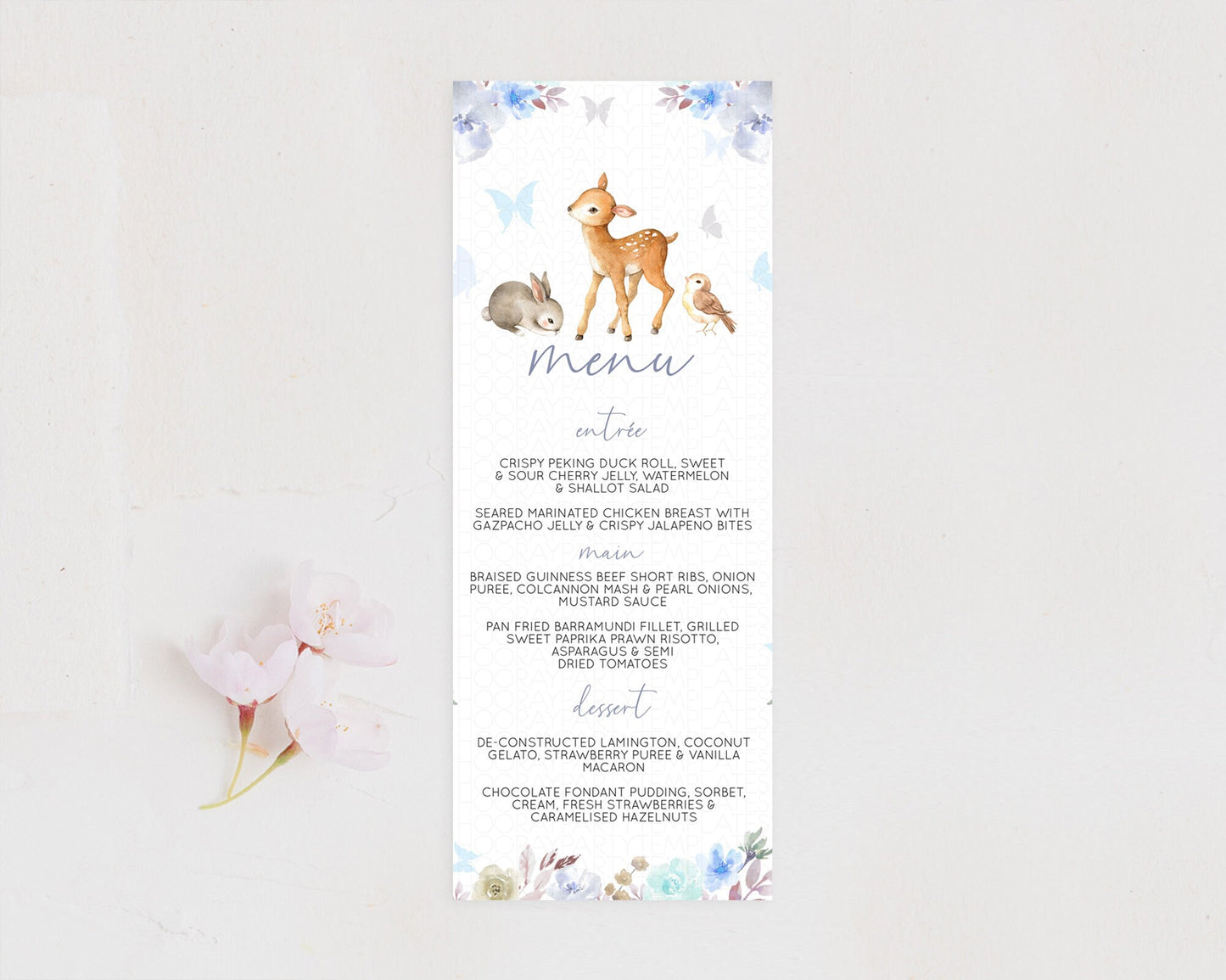 Fawn Menu Deer Menu Template Pastel Floral Deer Table Decor Enchanted Forest Butterfly Floral Dinner Dessert Menu Party Food Menu D10929