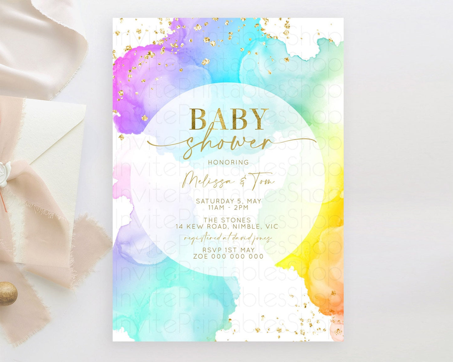 Pastel Baby Shower Invitation Rainbow Baby Shower Invitation Colorful Pastel Watercolor Invitation Gold Glitter Sprinkles Ombre D10213