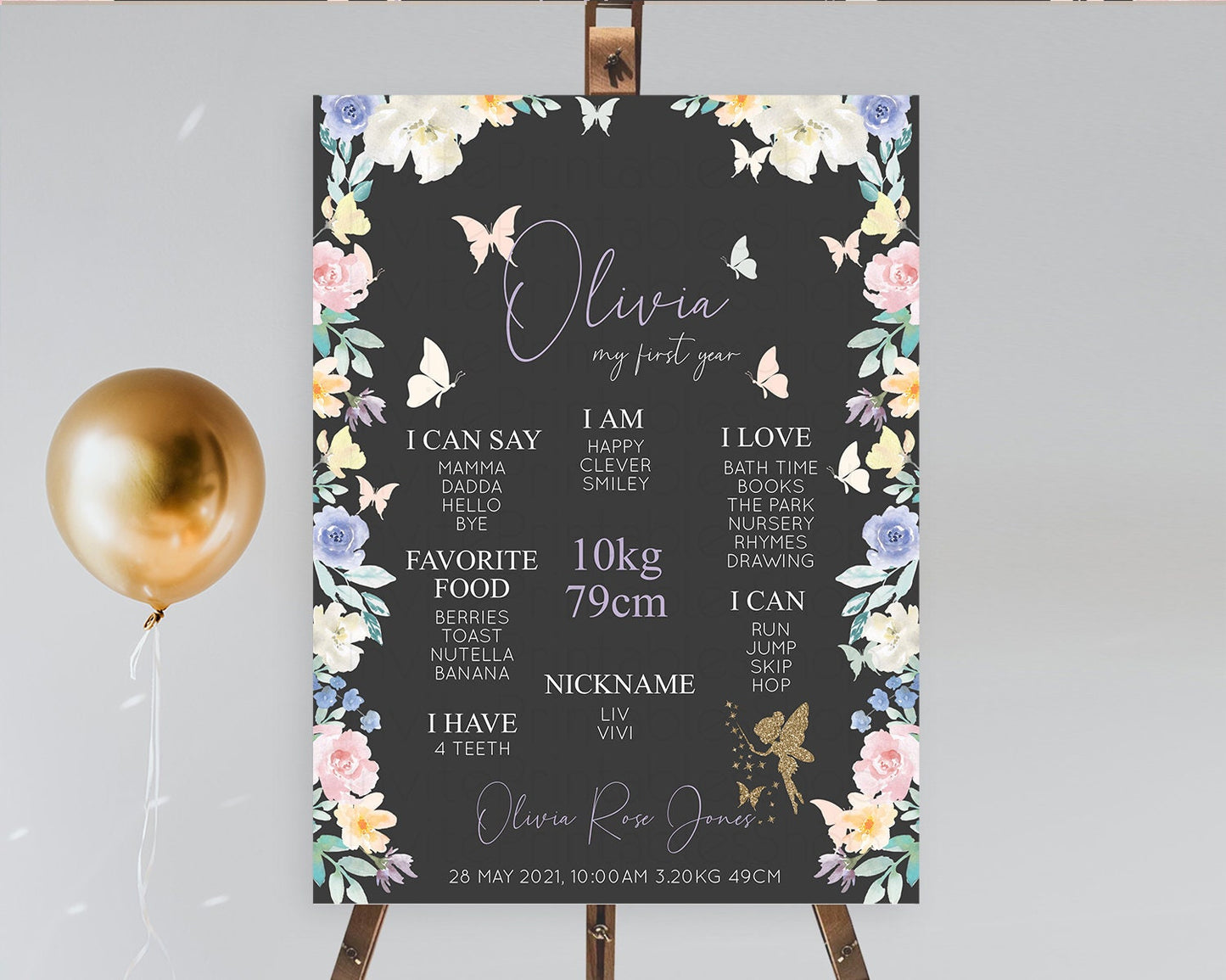 Fairy First Birthday Milestone Poster Fairy Secret Garden Milestone Board Enchanted Garden Pastel Floral Butterfly 1st Birthday Sign D10881