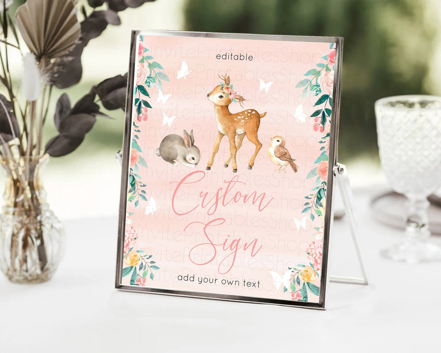 Fawn Deer Sign Pastel Floral Deer Table Sign Decor Enchanted Forest Butterfly Party 1st Birthday Baptism Baby Shower Bridal Shower D10921
