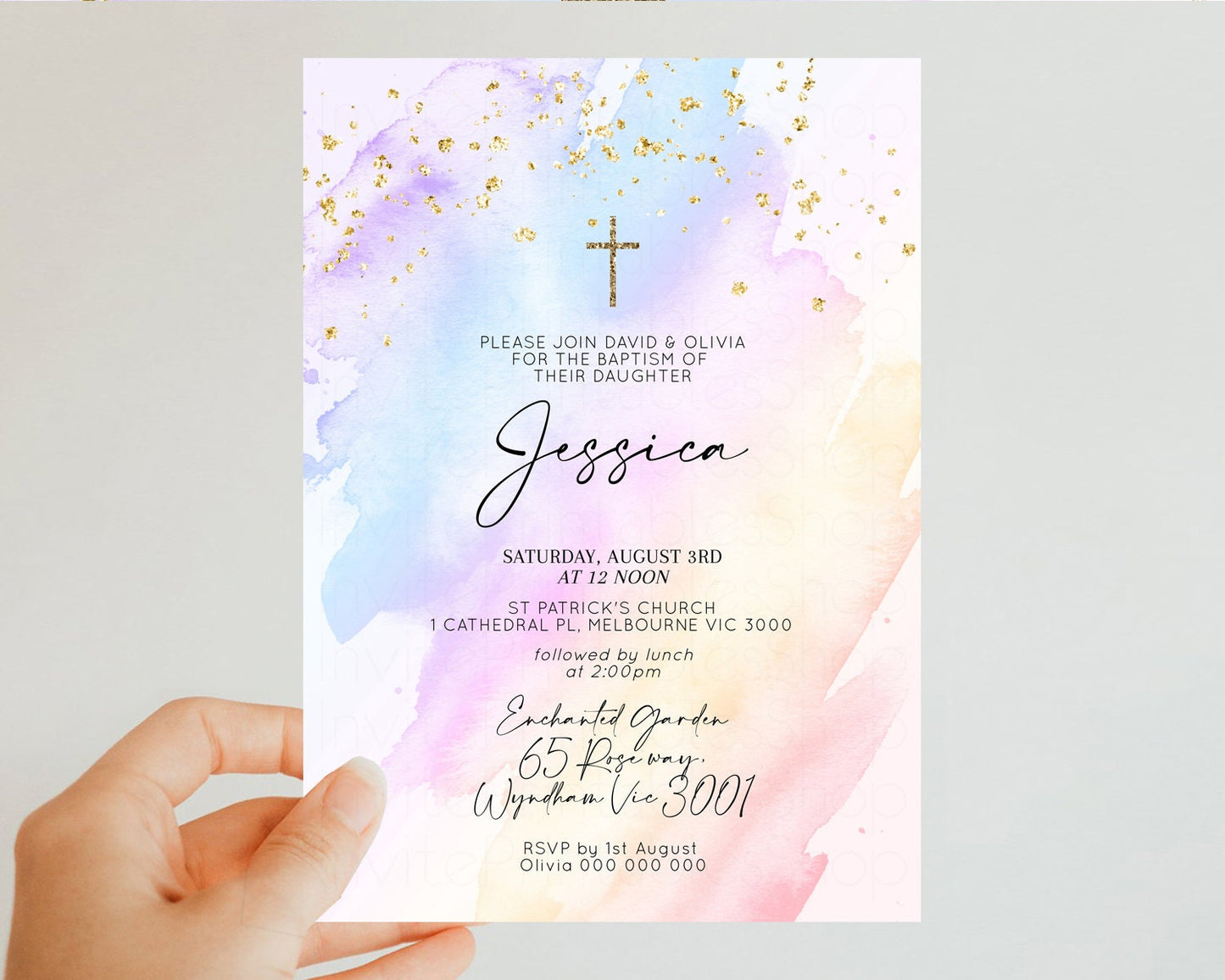 Rainbow Baptism Invitation Pastel Christening Invitation Holy Communion Invitation Glitter Watercolor Splash Invitation Colorful Invite t600