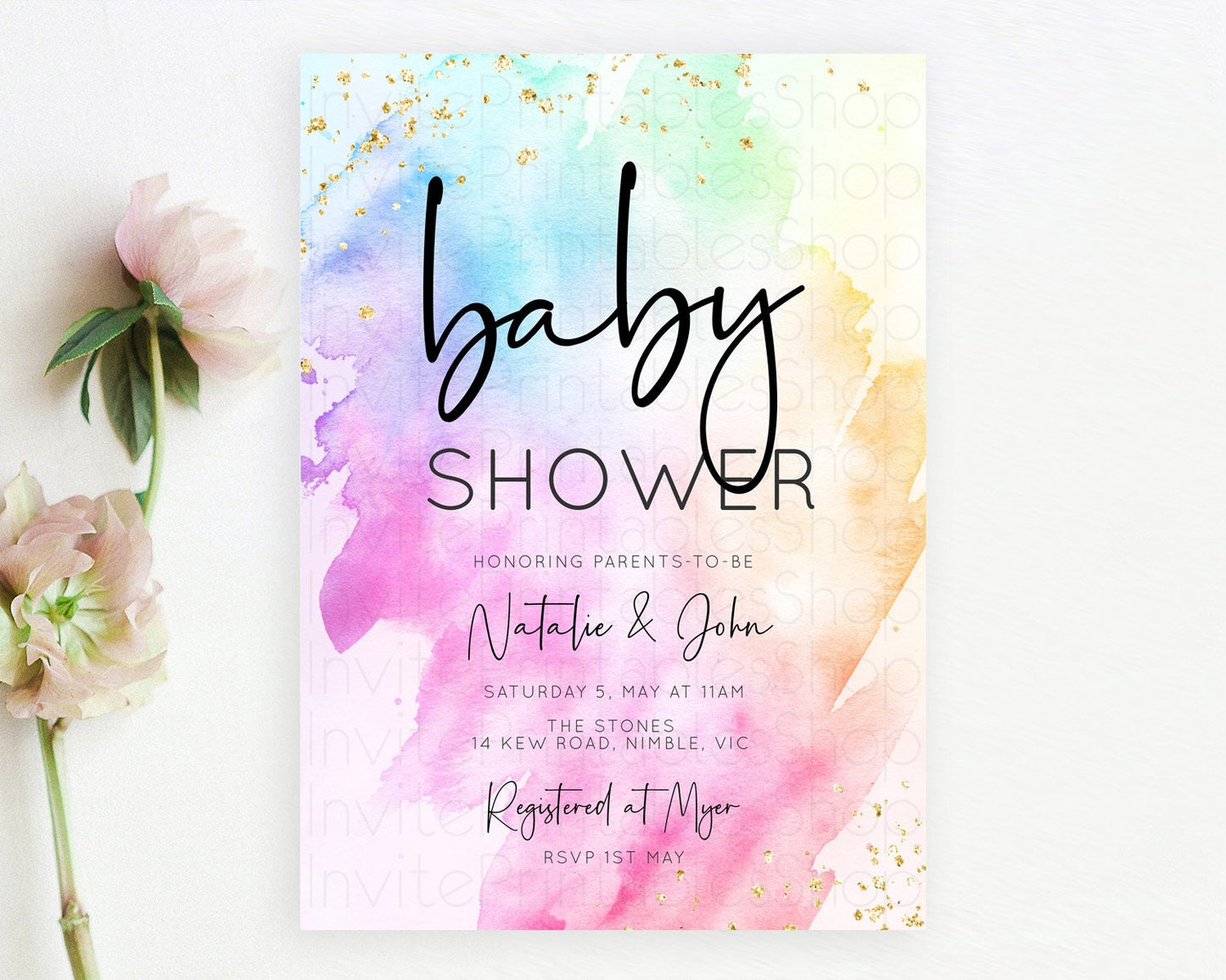 Pastel Rainbow Baby Shower Invitation, Watercolor Splash, Gold Confetti Sprinkles, Colorful Ombre Pink, Yellow, Green, Orange D10449