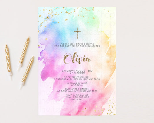 Rainbow Baptism invitation Pastel Rainbow Christening Invite Ombre Watercolor Invite Gold Glitter Sprinkle Splash Cross Religious g504