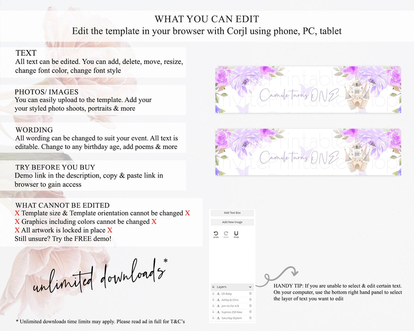 Princess Water Label Template Secret Garden Enchanted Castle Pastel Floral Royal Party Decor For 1st Birthday Baptism Baby Shower D10339