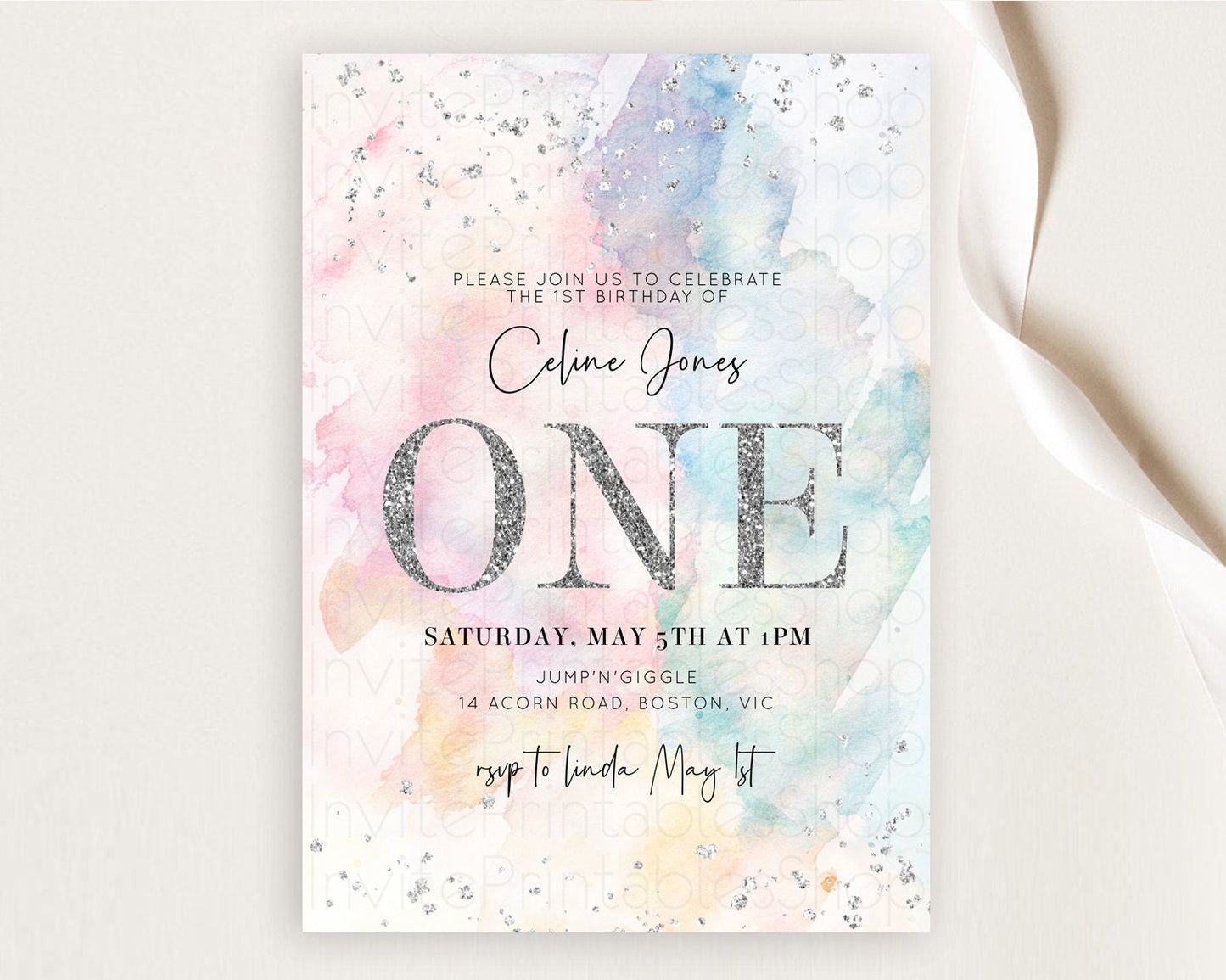 Rainbow Birthday Invitation Colorful Pastel Watercolor Silver Glitter Sprinkles Ombre Pastel Invitation 1st 2nd 3rd First Birthday D10945