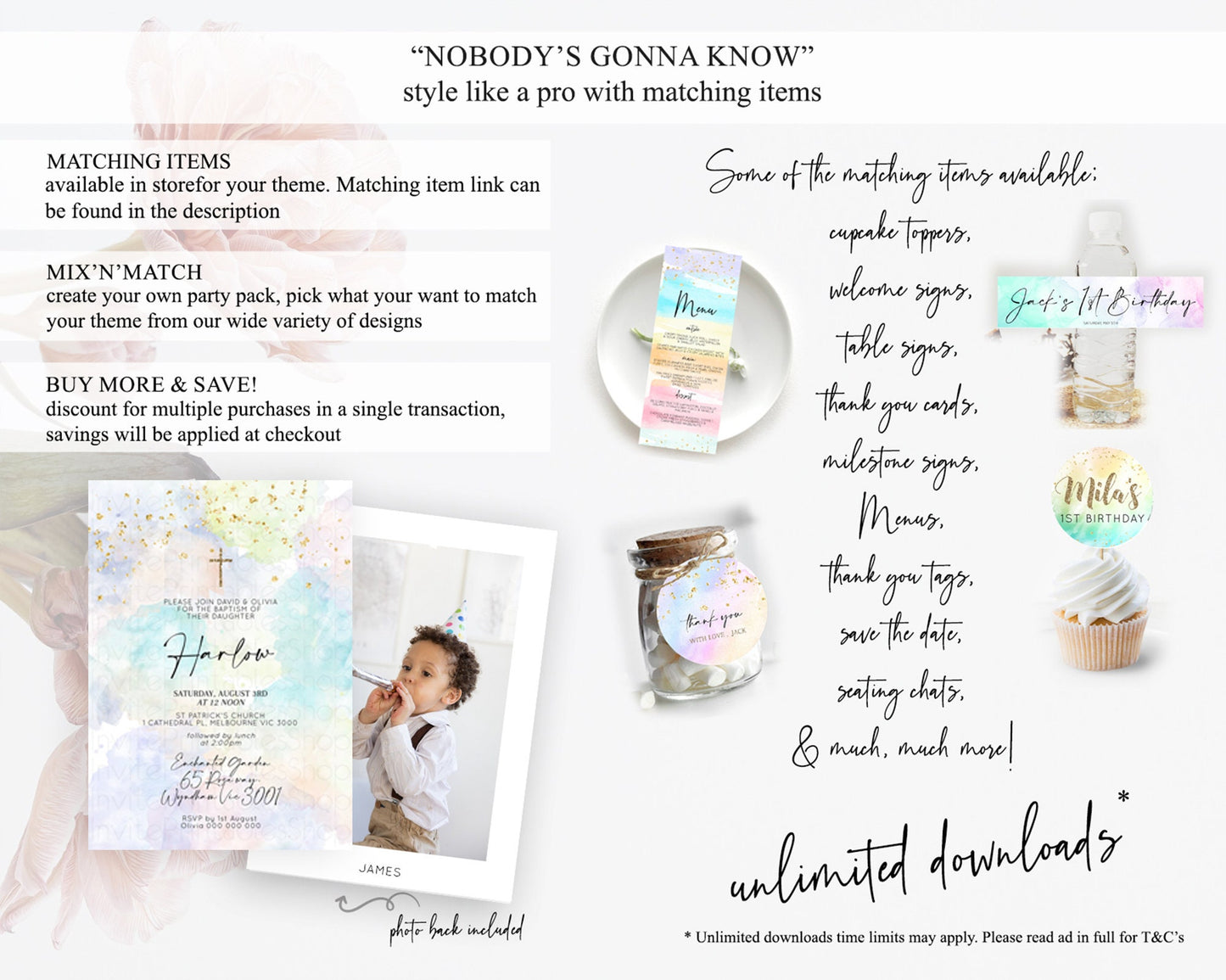 Pastel Baptism Invitation Pastel Colors Watercolor Baptism 1st Birthday Party Gold Ombre Pastel Rainbow Christening Holy Communion D10613