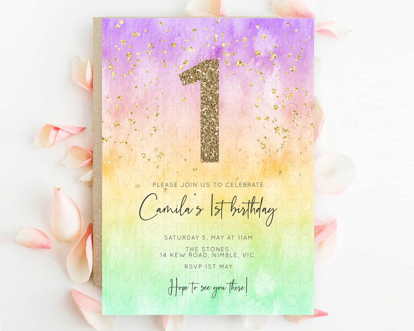Rainbow Birthday Invitation Colorful Pastel Watercolor Invitation Gold Glitter Sprinkles Ombre Pastel 1st 2nd 3rd Birthday D10514