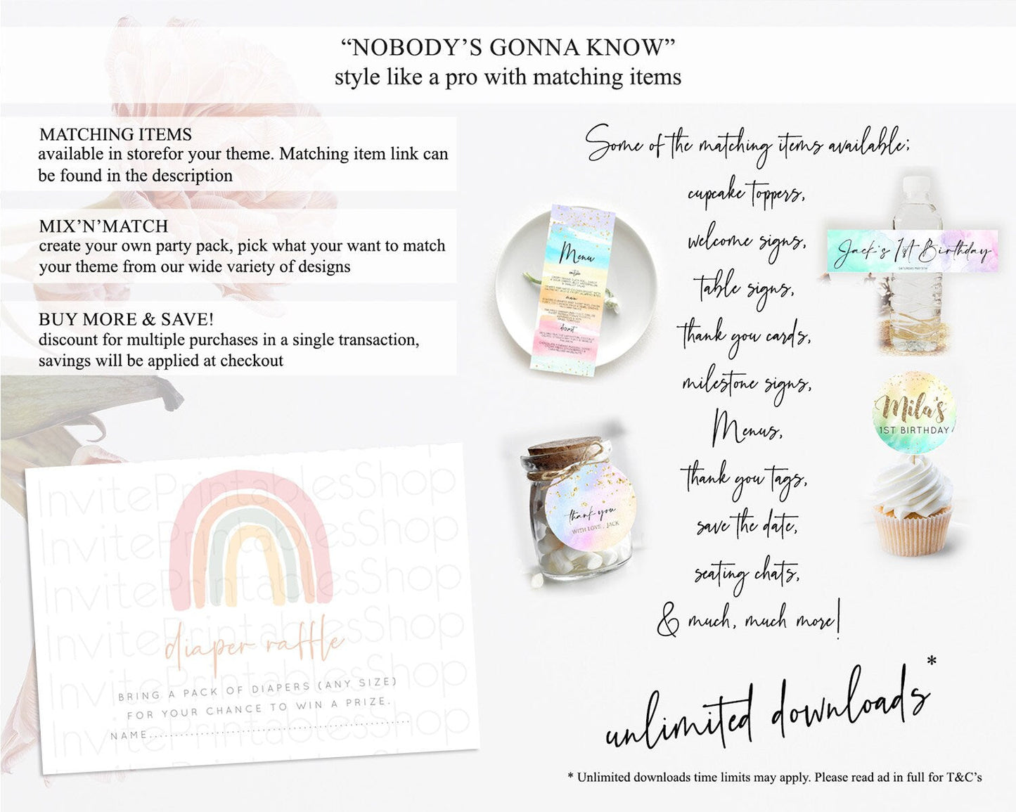 Pastel Rainbow Diaper Raffle Card Boho Rainbow Diaper Insert Boho Rainbow Diaper Ticket Pastel Watercolor Baby Shower Raffle Game D10162