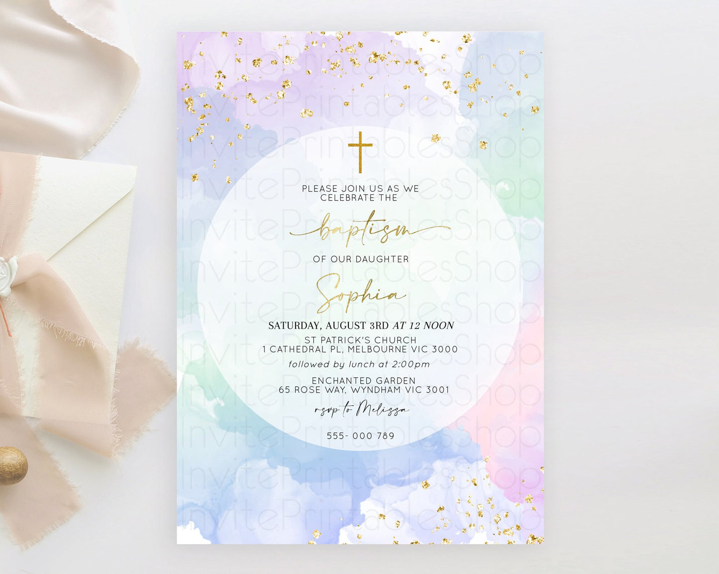 Pastel Baptism Invitation Pastel Colors Watercolor Baptism 1st Birthday Party Gold Ombre Pastel Rainbow Christening Holy Communion D10624