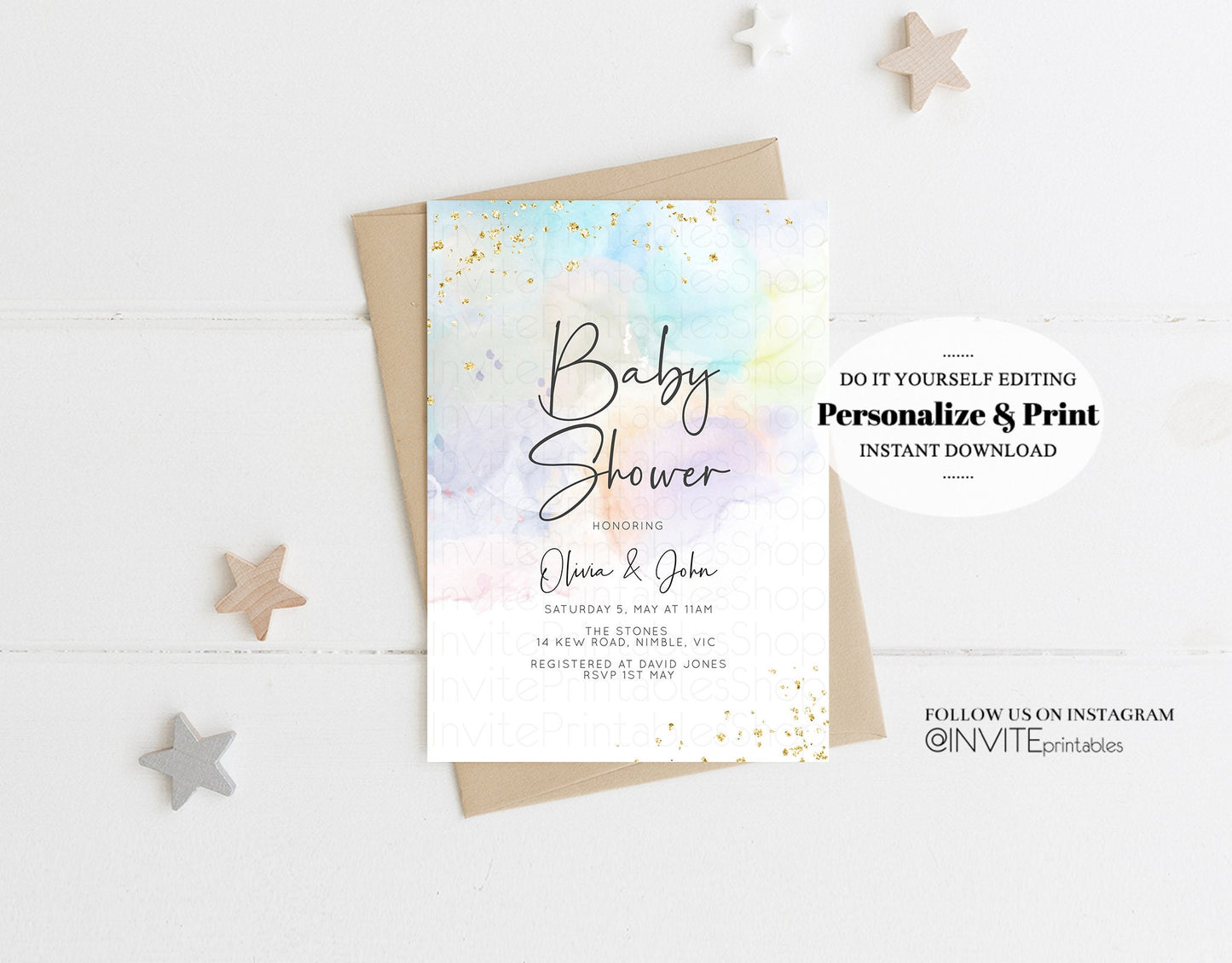 Rainbow Baby Shower Invitation Pastel Colorful Watercolor Gold Glitter Foil Sprinkles Confetti Gender Neutral Editable Instant Download 136