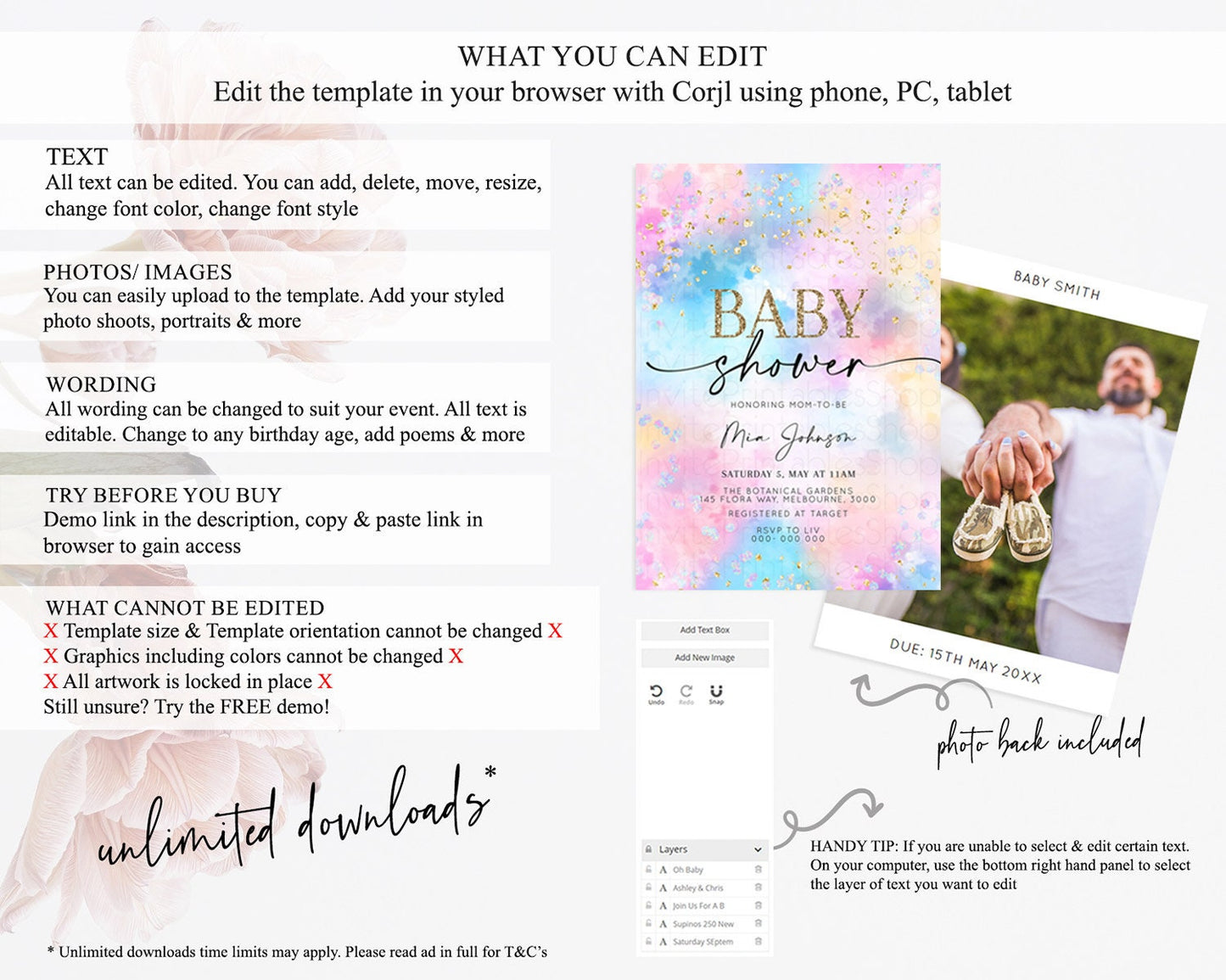 Pastel Baby Shower Invitation Rainbow Baby Shower Invitation Colorful Pastel Watercolor Invitation Gold Glitter Sprinkles Ombre D10607