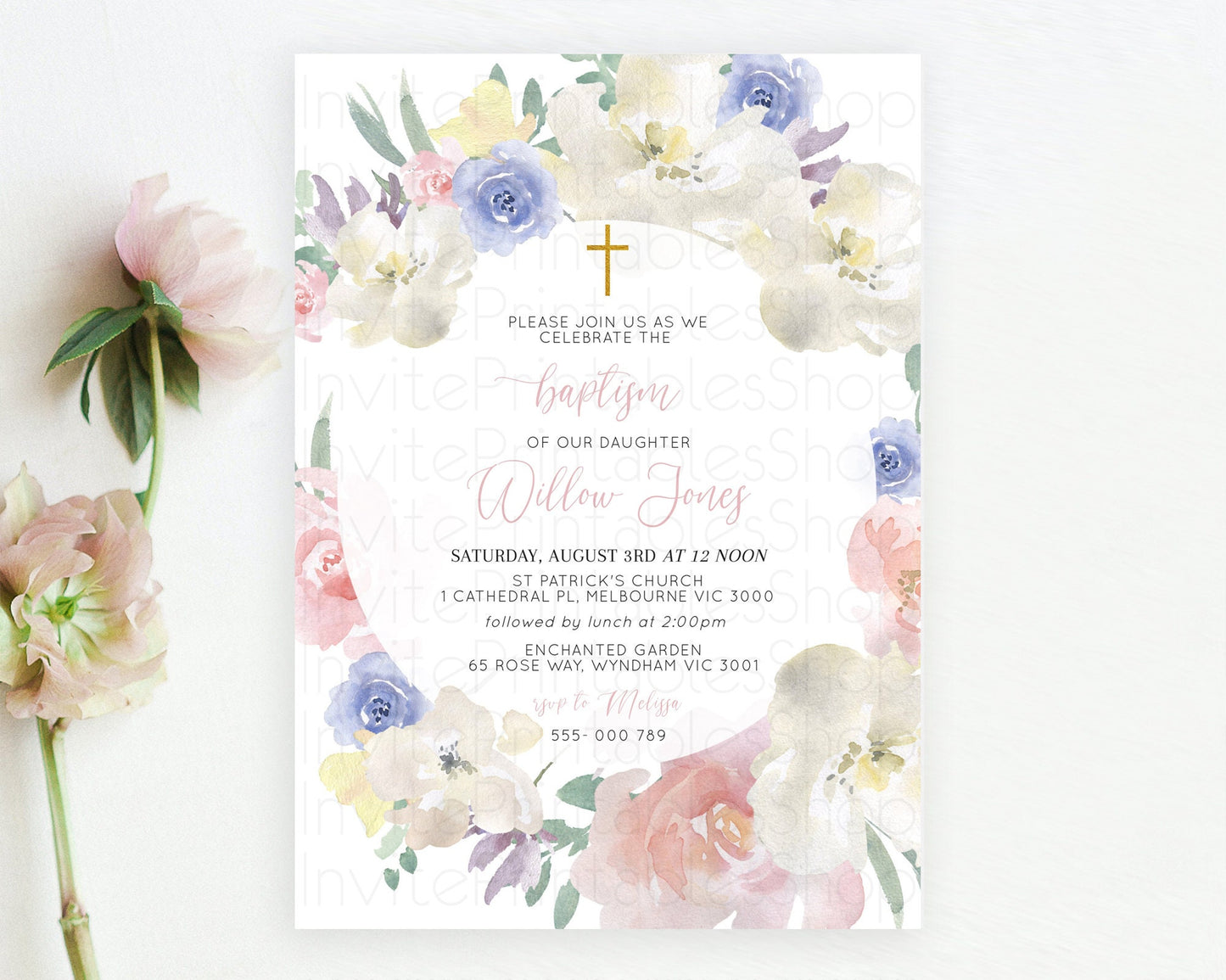 Secret Garden Baptism Invitation Wildflower Baptism Birthday Invite Pastel Flowers Christening Invite Enchanted Garden Boho Floral  D10841